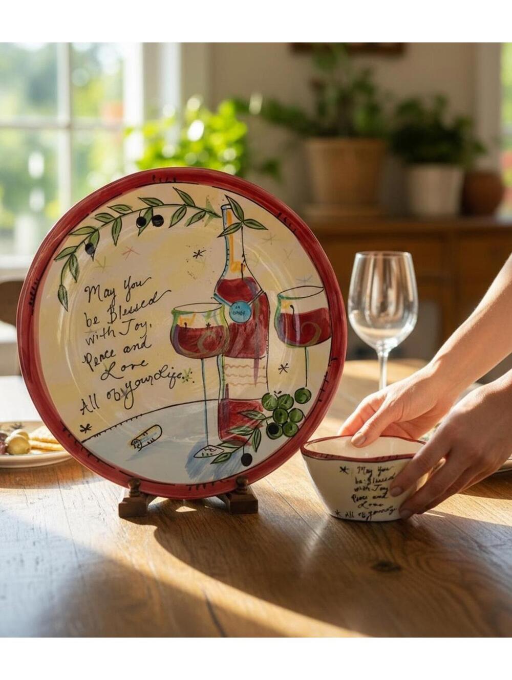 Julia Junkin handpainted ceramic platter with matching serving bowl